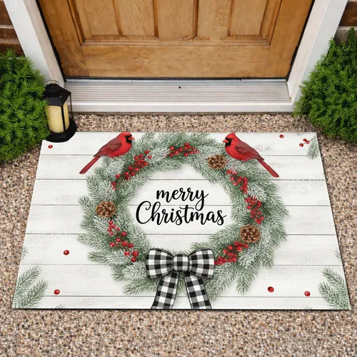 Cardinal Wreath Merry Christmas Snow Pinecone Red Berry Buffalo Plaid - Farmhouse Christmas Decor Doormat