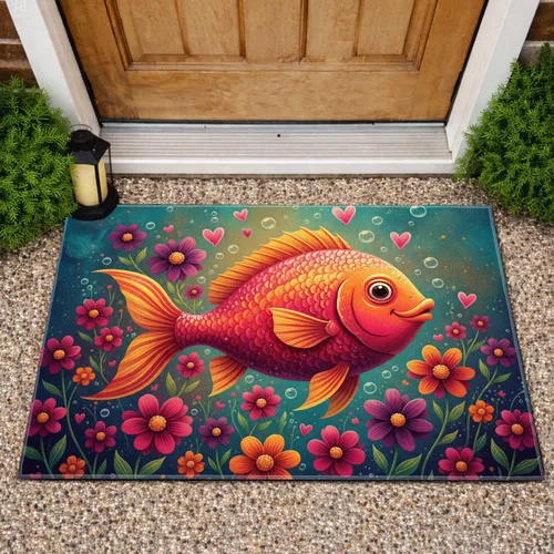 Smiling Fish Blooming Flowers Pink Hearts Underwater Garden - Home Decor Gift Doormat