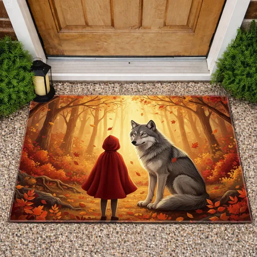 Red Riding Hood Wolf Autumn Forest Clearing - Autumn Decor Gift Doormat