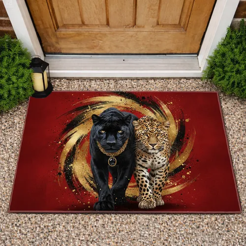 Black Panther Leopard Gold Necklace Gold Splash Crimson Red Wildlife Lover Gift Doormat