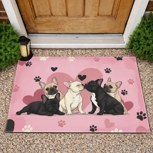French Bulldogs Hearts Paw Prints - Home Decor Gift for Dog Lover Doormat