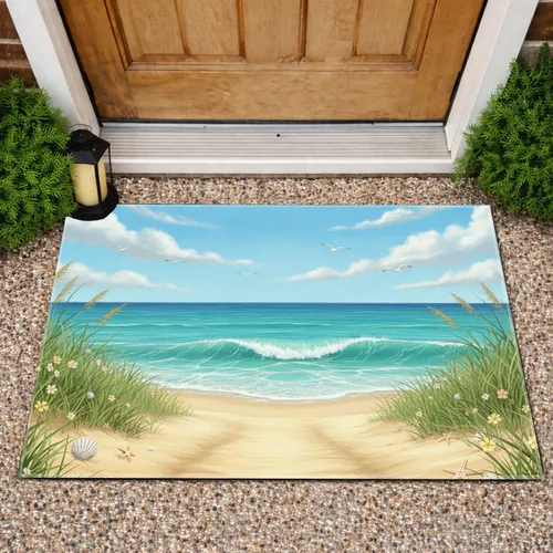 Sunlit Beach Path Ocean Sea Oats Seagulls Wildflowers - Coastal Home Decor Gift Doormat