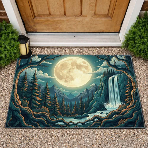Full Moon Night Forest Gnarled Trees Waterfall Mountains Starry Sky - Nature Lover Home Decor Gift Doormat
