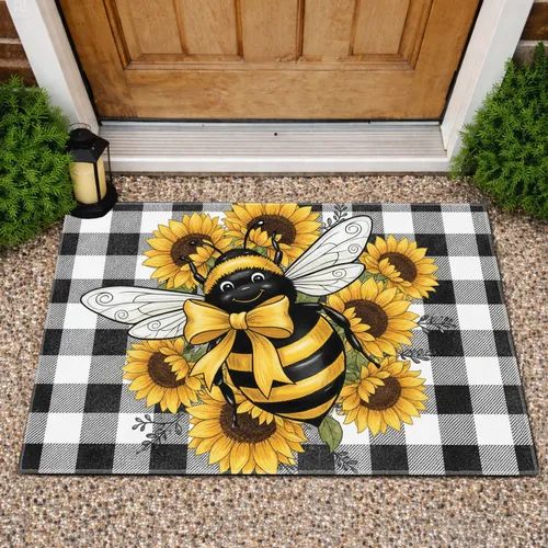 Bumblebee Sunflowers Buffalo Plaid - Farmhouse Decor Gift Doormat
