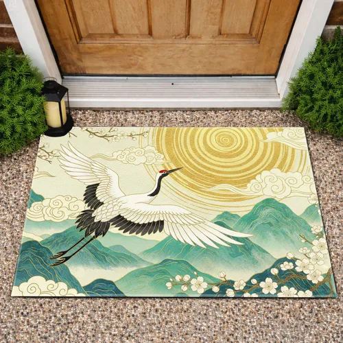 White Crane Golden Sun Cherry Blossom Clouds Mountains - East Asian Art Lover Gift Doormat