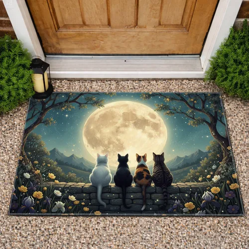 Four Cats Full Moon Stone Wall Wildflowers Blossoming Trees - Everyday Decor Gift for Cat Lovers Doormat