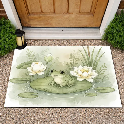 Green Frog Lily Pad Lotus - Wildlife Lover Home Decor Gift Doormat