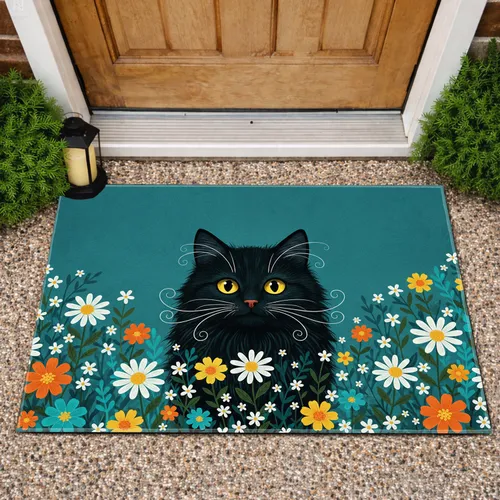Fluffy Black Cat Wildflower Daisy Marigold Teal Field - Home Decor Gift for Cat Lovers Doormat