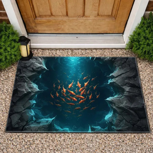 Golden Koi Fish Rock Chasm - Luminous Deep Water Home Decor Gift for Fish Lover Doormat