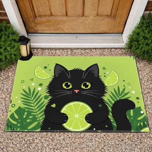 Black Cat Lime Slice Tropical Foliage - Home Decor Gift for Cat Lover Doormat