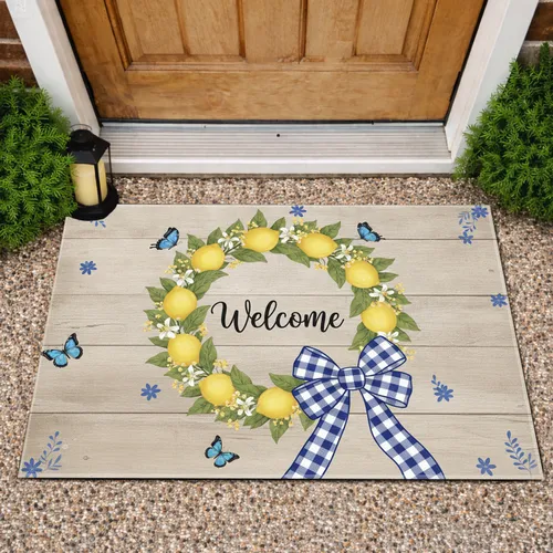 Lemon Wreath Welcome Gingham Bow Butterflies - Farmhouse Home Decor Doormat