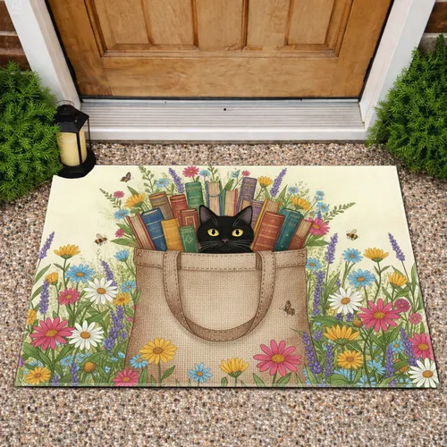 Black Cat Vintage Books Wildflower Meadow - Home Decor Gift for Cat Lover Doormat