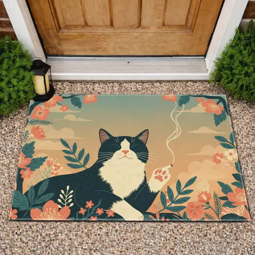 Smiling Tuxedo Cat Flowering Branches - Home Decor Gift for Cat Lover Doormat