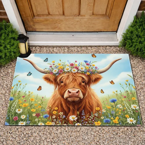 Highland Cow Wildflower Meadow - Farmhouse Home Decor Gift for Cow Lover Doormat