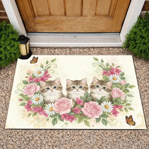 Fluffy Kittens Rose Daisy Garden Butterflies - Home Decor Gift for Cat Lover Doormat