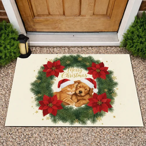 Baby Kitten Puppy Santa Hat Christmas Wreath - Christmas Holiday Pet Lover Gift Doormat