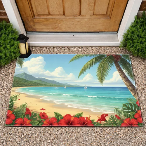 Red Hibiscus Tropical Beach Panorama - Ocean Waves Home Decor Gift Doormat