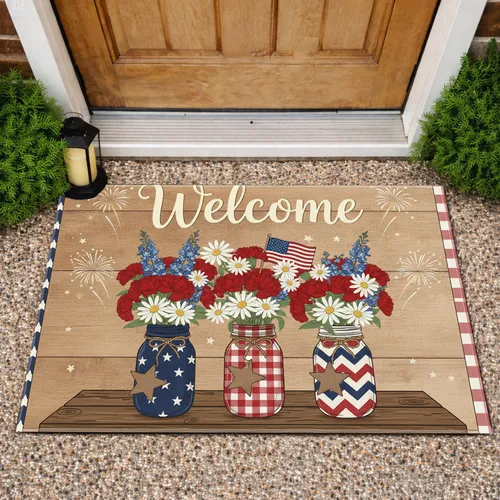Welcome Mason Jars Patriotic Stars Flag - Independence Day Decor Doormat