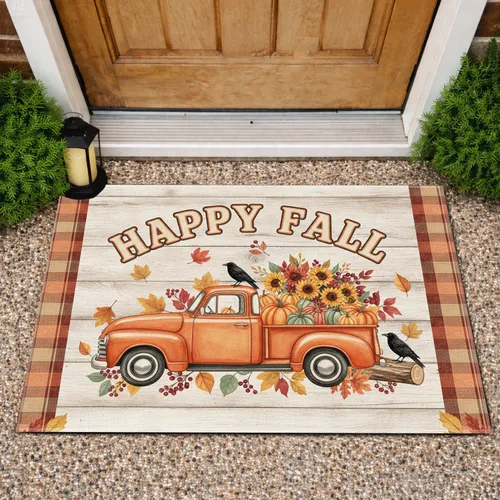 Vintage Orange Pickup Truck Autumn Harvest Pumpkins Happy Fall - Farmhouse Decor Gift Doormat
