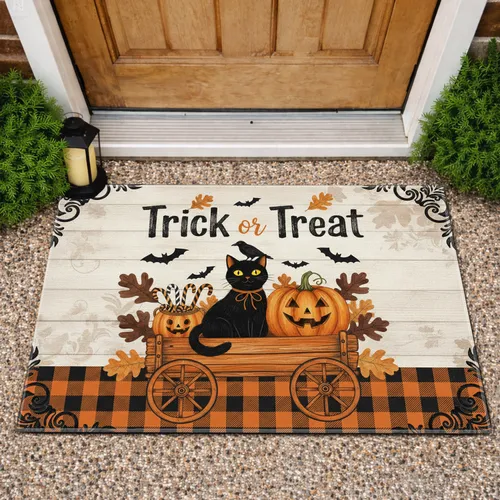 Black Cat Jack-o'-Lantern Trick or Treat - Halloween Decor for Cat Lovers Doormat