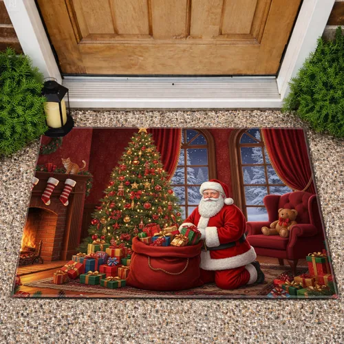 Santa Claus Christmas Tree Gifts Fireplace - Christmas Holiday Decor for Family Doormat