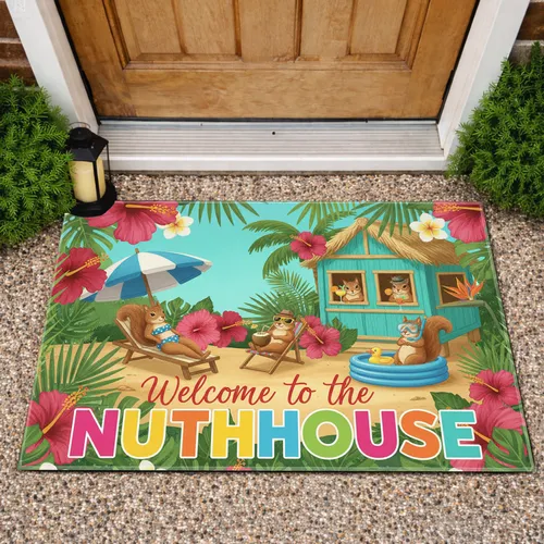 Tropical Nuthouse Squirrel Vacation Scene - Home Decor Gift for Squirrel Lovers Doormat