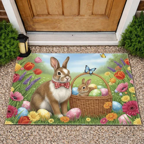 Easter Rabbit Baby Bunny Vibrant Easter Eggs Spring Garden - Easter Decor Doormat