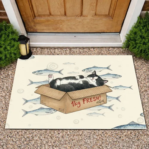 Paws Up Black White Cat Cardboard Box Sardines - Market Home Decor Gift for Cat Lover Doormat