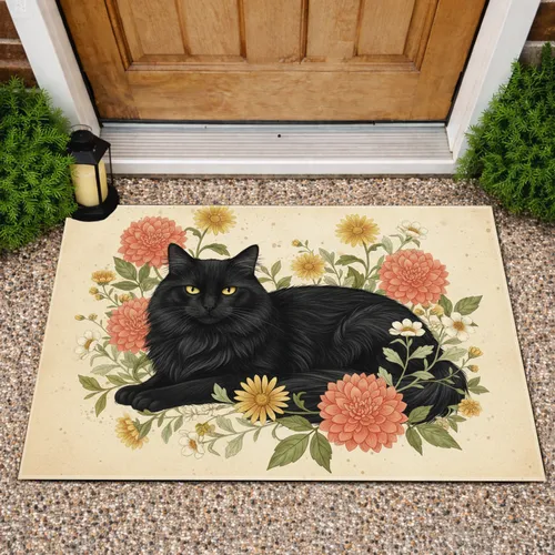 Black Cat Dahlia Daisy Floral - Home Decor Gift for Cat Lovers Doormat