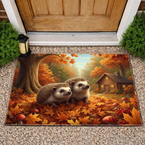 Hedgehogs Autumn Woodland Cabin - Autumn Home Decor Gift Doormat