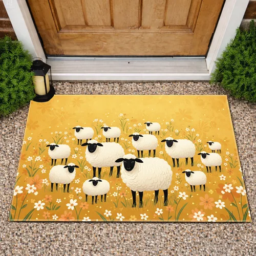 Fluffy White Sheep Flock Wildflower Field - Farmhouse Home Decor Gift for Sheep Lover Doormat