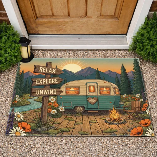 Vintage Travel Trailer Campfire Relax Unwind Sign - Travel Lover Home Decor Gift Doormat