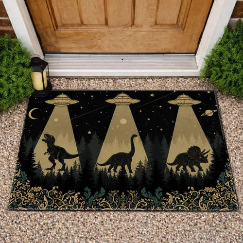 Golden UFO Dinosaurs Starry Night Forest - Home Decor Gift for Prehistoric Fan Doormat