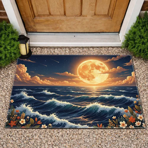 Glowing Full Moon Ocean Waves Coastal Foliage - Home Decor Gift Doormat