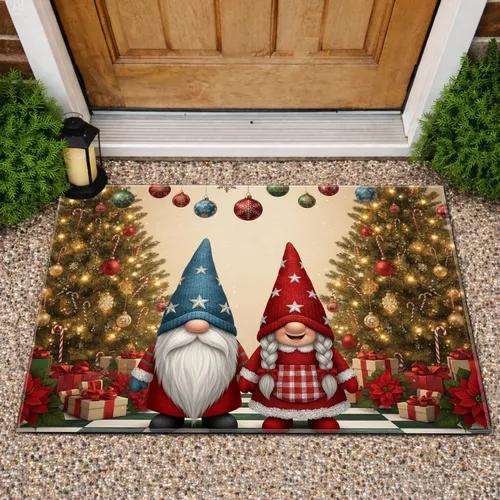 Cheerful Christmas Gnomes Decorated Trees Gift Boxes - Christmas Holiday Decor Doormat