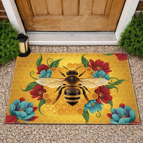 Golden Honeybee Radiant Honeycomb Red Teal Flowers - Garden Decor Gift for Nature Lovers Doormat