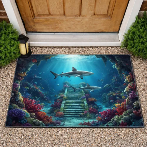 Grey Reef Sharks Stone Staircase Coral Reef Grotto - Deep Sea Decor for Ocean Lovers Doormat