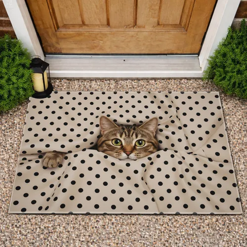 Tabby Cat Peekaboo Polka Dot Fabric Drapes - Home Decor Gift for Cat Lovers Doormat