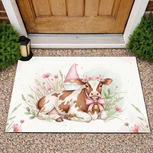 Spotted Calf Gnome Pink Floral Crown - Farmhouse Home Decor Gift for Cow Lover Doormat