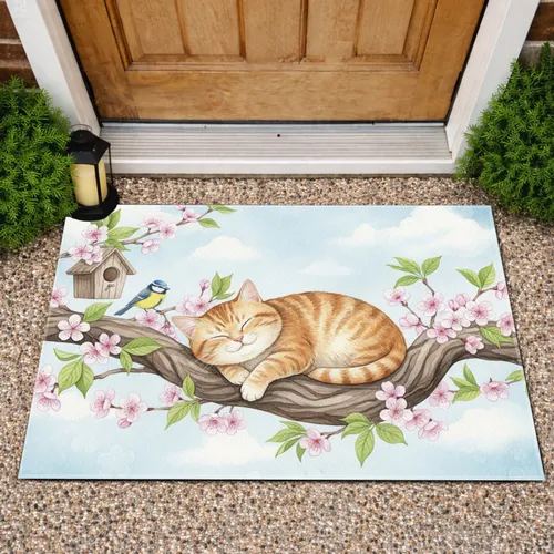 Tabby Cat Sleeping Branch Cherry Blossom Birdhouse - Spring Home Decor Gift Doormat