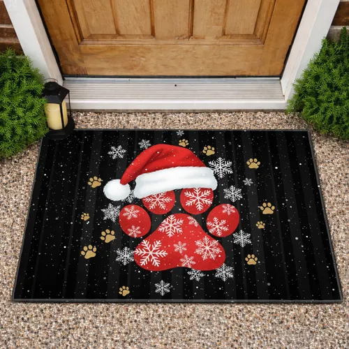Red Paw Print Santa Hat Snowflakes Golden Paw Prints - Christmas Holiday Pet Lover Gift Doormat