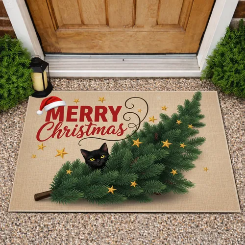 Black Cat Christmas Tree MERRY Christmas - Christmas Holiday Gift for Cat Lover Doormat