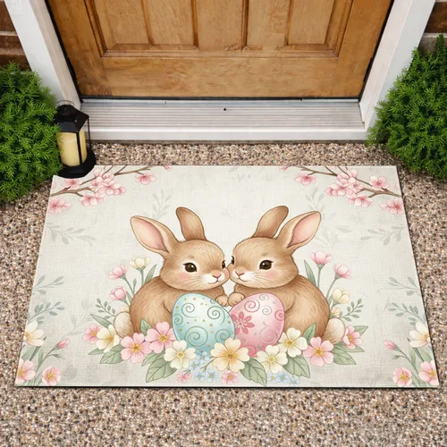 Rustic Bunnies Easter Eggs Spring Flowers Cherry Blossom - Easter Holiday Doormat