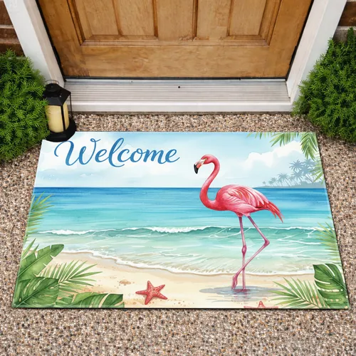 Pink Flamingo Welcome Tropical Beach - Coastal Home Decor Gift Doormat