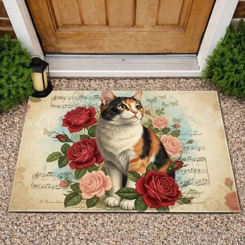 Calico Cat Vintage Roses Sheet Music - Home Decor Gift for Cat Lover Doormat