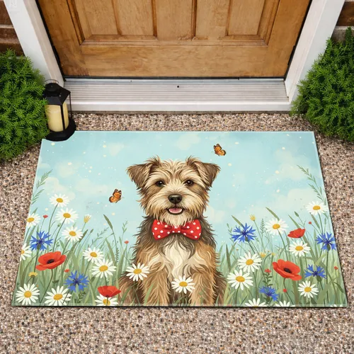 Scruffy Terrier Dog Meadow Flowers Butterflies - Home Decor Gift for Dog Lover Doormat