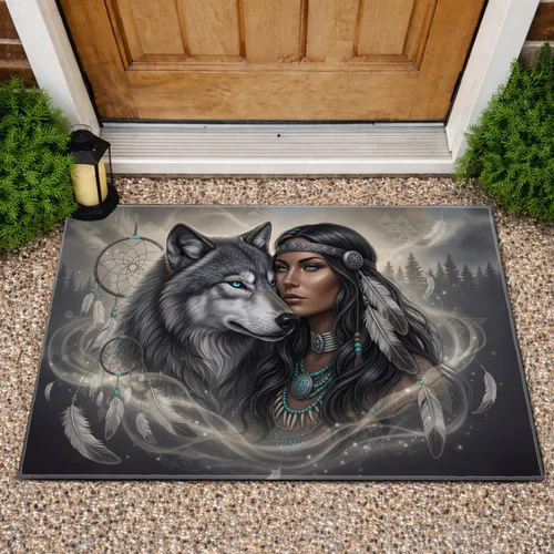 Majestic Wolf Indigenous Woman - Spiritual Nature Home Decor Doormat