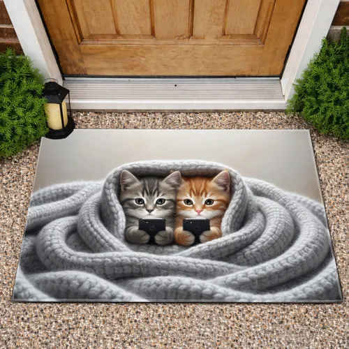 Kittens Smartphones Knitted Blanket - Home Decor Gift for Cat Lovers Doormat