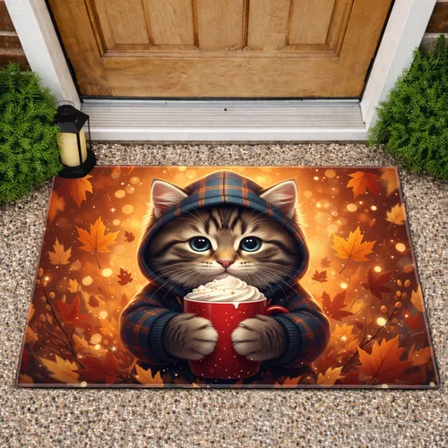 Tabby Kitten Plaid Hoodie Red Mug Autumn Leaves - Fall Home Decor Gift for Cat Lover Doormat