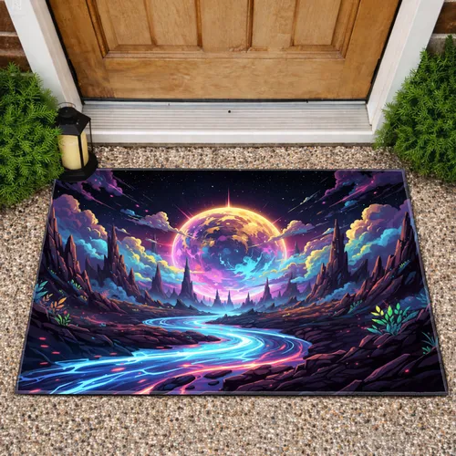 Cosmic Canyon Neon River Moon - Home Decor Gift for Fantasy Lover Doormat